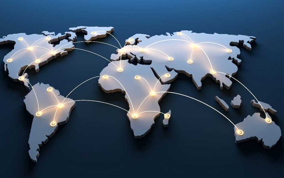 World map with locations marked with yellow lights and beams connecting them. Concept of website localisation.