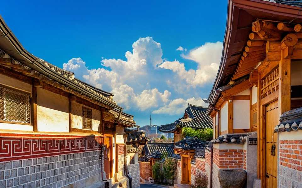 Sunrise in a village and alleys with beautiful houses in South Korea. Concept of Korean translations.