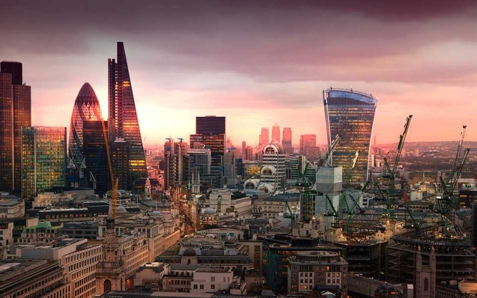 Skyline of London business and financial buildings. Concept of translation firms and language translators in London.