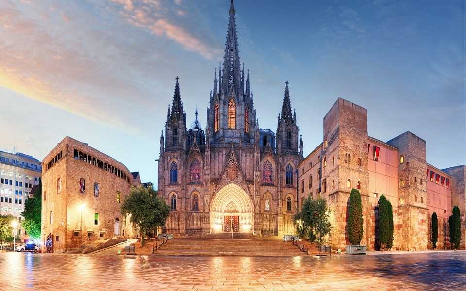 Magnificent view of Barcelona's Gothic cathedral in Spain. Concept of English to Spanish translations. 