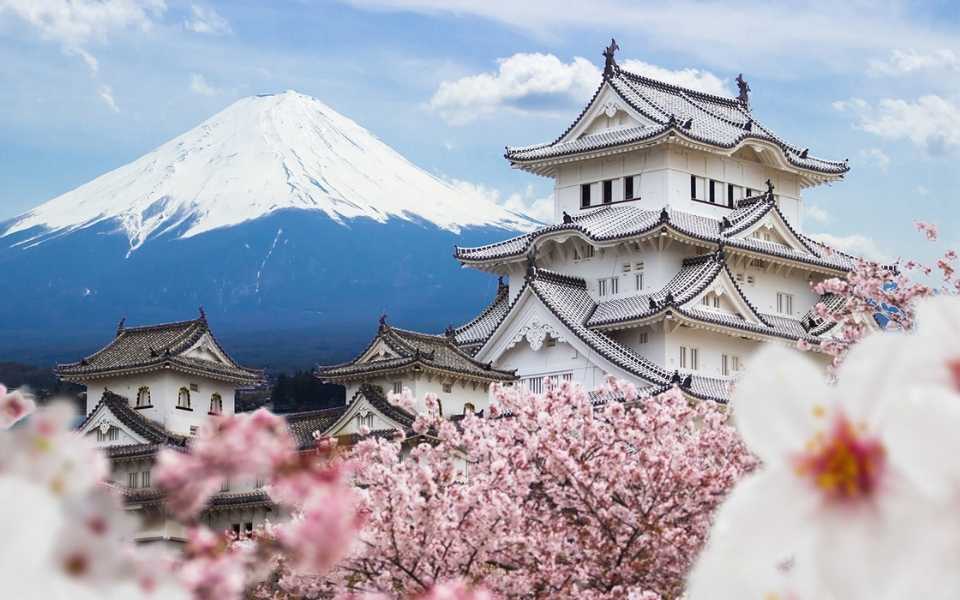 Beautiful view of Himeji Castle among the white mountains in Japan. Concept of Japanese translation service.