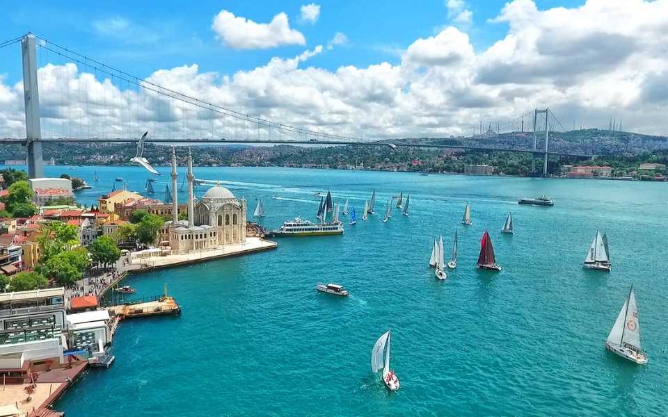 Bosphorus Bridge and sailboats in the Bosphorus Strait and Ortakoy Mosque. Concept of English to Turkish translation.