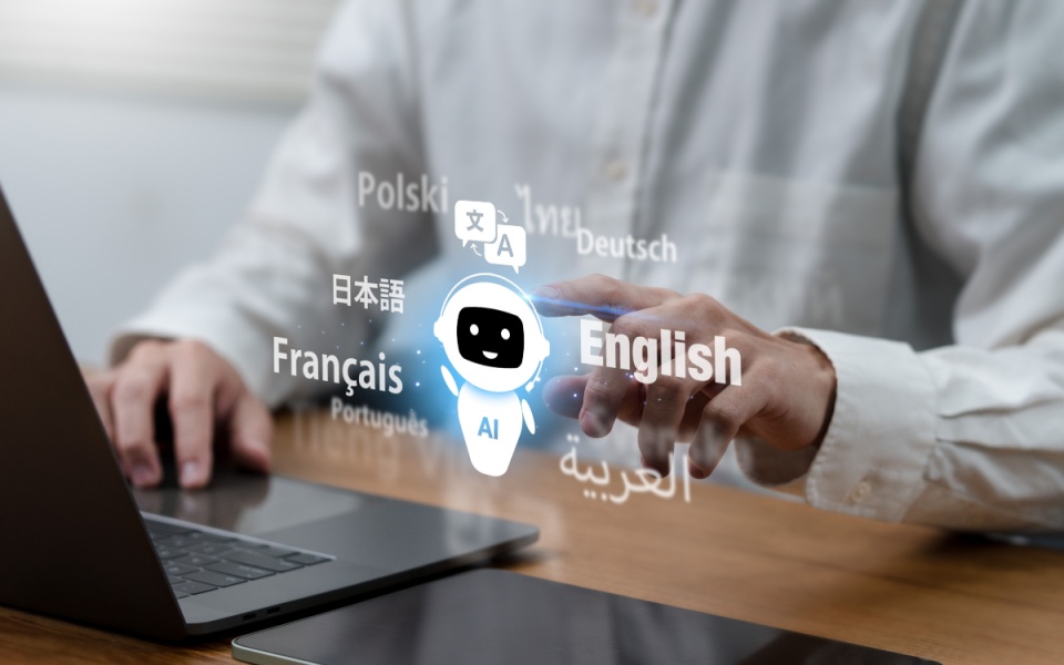 A professional employee using ai translator and language technology with blue background, machine learning translation systems equipped with a language model technology. Artificial intelligence in translation. 