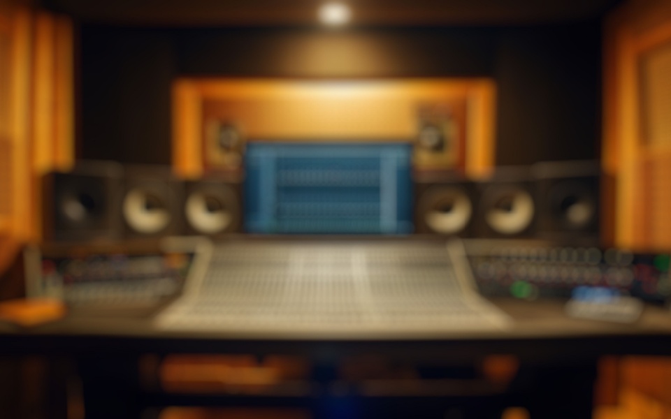 A sleek, contemporary recording studio with a digital mixer, audio speakers, and a well-organized workplace is shown in the blurred background. Translate audio to text into English and other languages.