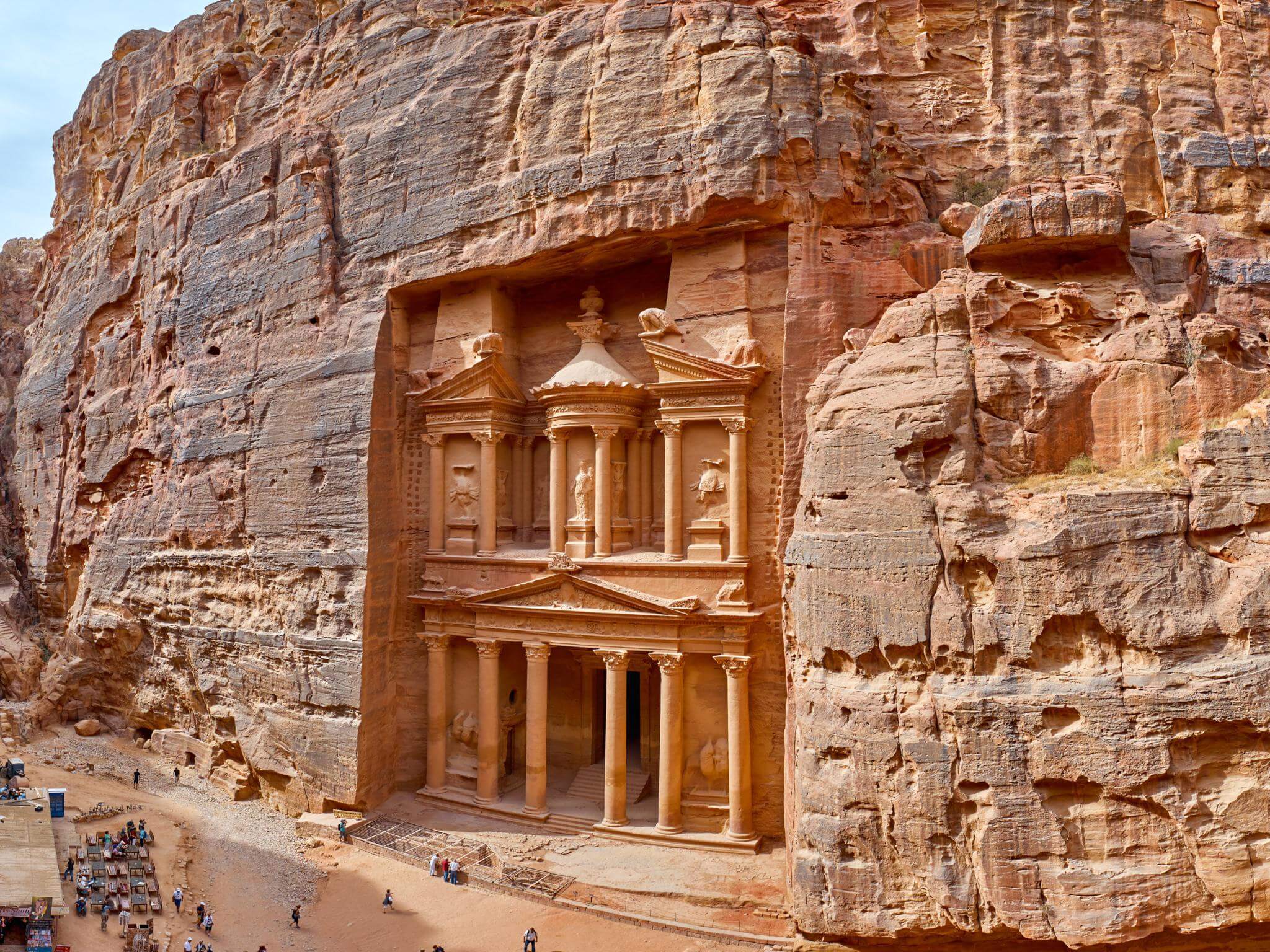 A view of Al Khazneh in the ancient city of Petra in the Hashemite Kingdom of Jordan. Concept of history of the Arabic language and Arabic speakers.