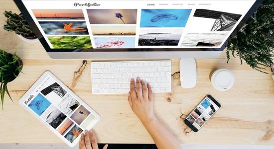 Desktop and photo portfolio overhead. 