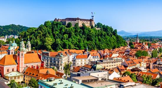 Panoramic view of the old town and the medieval Ljubljana castle in Slovenia. Concept of Slovenian translation services.