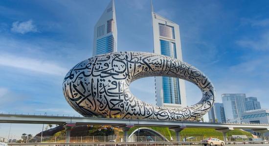 Calligraphy-covered Museum of the Future, Dubai. Concept of English to Arabic translation services.