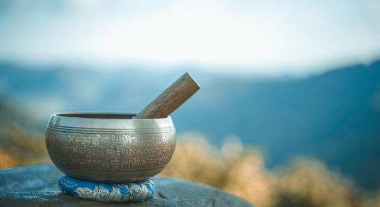 Tibetan Sanskrit singing bowl with Sanskrit pattern. 
