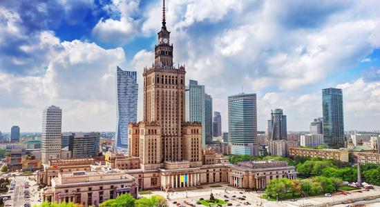 View of the Palace of Culture and Science in the city center with business skyscrapers. Concept of technical Polish translation.