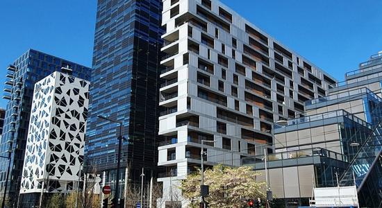 Oslo's Barcode Project, a series of black-and-white high-rises.