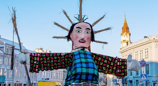 A giant marionette in the shape of a woman in Lithuania.