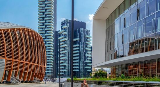 View of Gae Aulenti square in the financial district at Porta Garibaldi in Milan, Italy.
