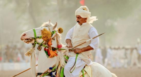 Pakistani man riding a horse during a competition. Concept of Punjabi translators.