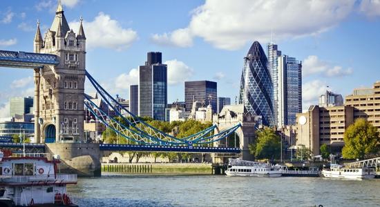 View of the Tower Bridge and financial city of London.