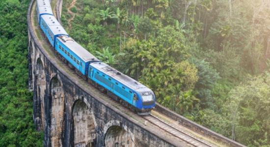 Blue train passing through jungle of Sri Lanka. Concept of legal technical translation.