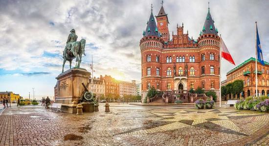 Helsingborg City Hall, a 19th century neo-Gothic landmark in Helsingborg, Sweden. Concept of Swedish translation services.