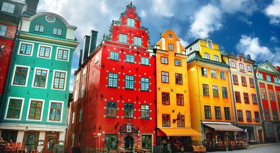 Colourful buildings in Stortorget in Stockholm's old town region. 