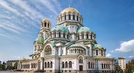 The Alexander Nevsky Cathedral in Sofia, Bulgaria. Concept of English to Bulgarian translation. 