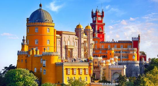 The Pena Palace, a brightly-coloured Romanticist castle near Sintra, Portugal. Concept of Portuguese translation services.