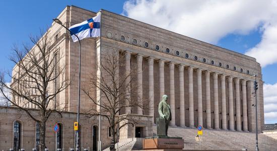 The House of the Estates in Helsinki, Finland. Concept of English to Finnish translation.