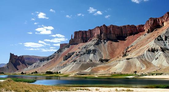 View of Band-e Amir lakes and red Hindu Kush mountains in Central Afghanistan.