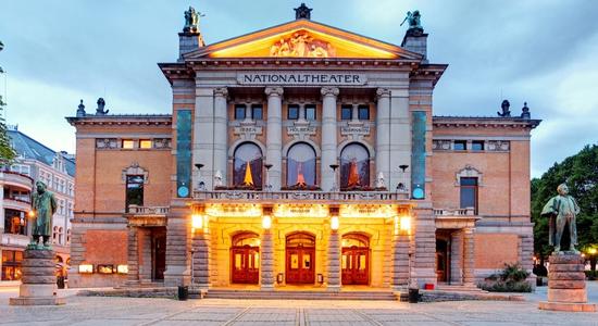 The National Theatre, a 19th century cultural landmark in Oslo, Norway. Concept of English to Norwegian translation services.
