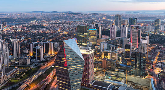 Aerial view of skyscrapers in Istanbul's Asian part. Concept of technical Turkish translation.