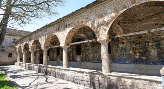 Albania. Korçë, settlement of Voskopoja St. Nicholas Church, ancient Byzantine faith. A concept of English to Albanian translation services.