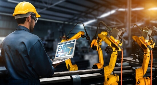 Robotic arms with intelligence for digital factory production technology that demonstrate manufacturing process automation.