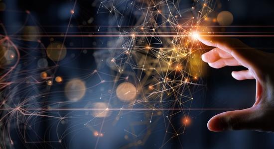 A hand emitting sparks and brightly lit digital holograms. Concept of IT translation services and computer science translation.