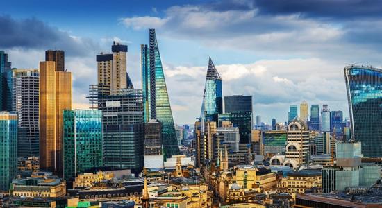 The London skyline with several glass and steel skyscrapers. Concept of financial translation services by reliable financial translation company.