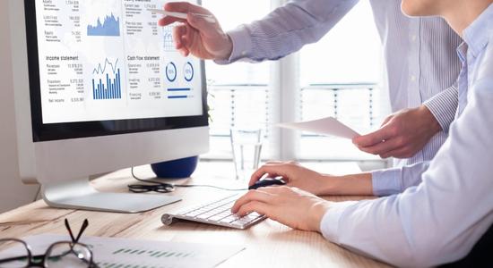 Two people working together on a financial report on a computer monitor.