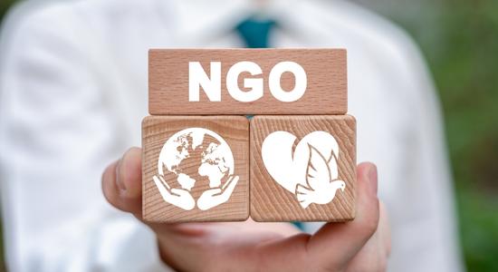 Close-up of a man's hand holding blocks with "NGO", globe, and dove. Concept of NGO translation services.