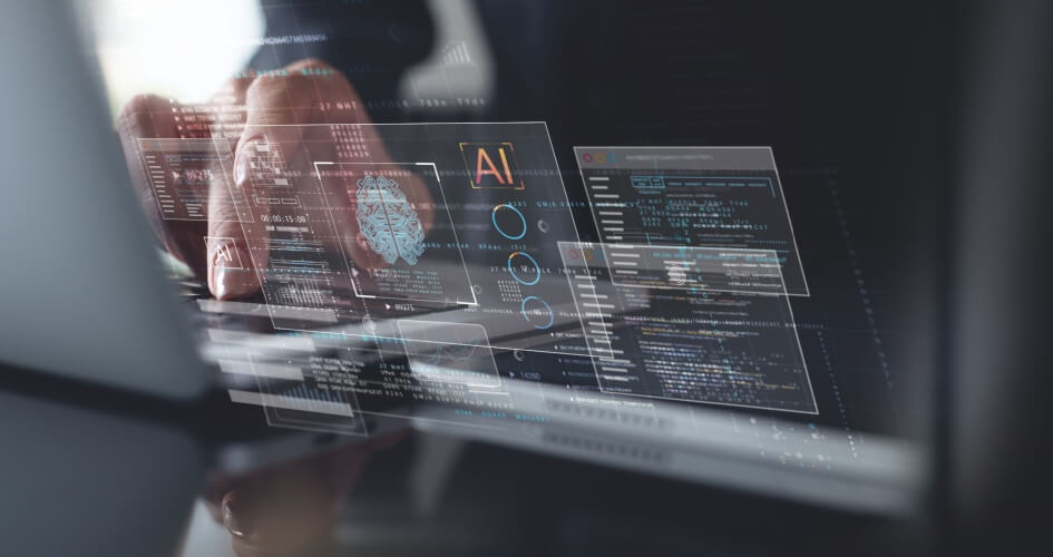 A businesswoman is utilising AI technology for machine learning on a virtual screen, data analysis, and computer language coding with a digital brain. A concept of professional language services with AI translation services.