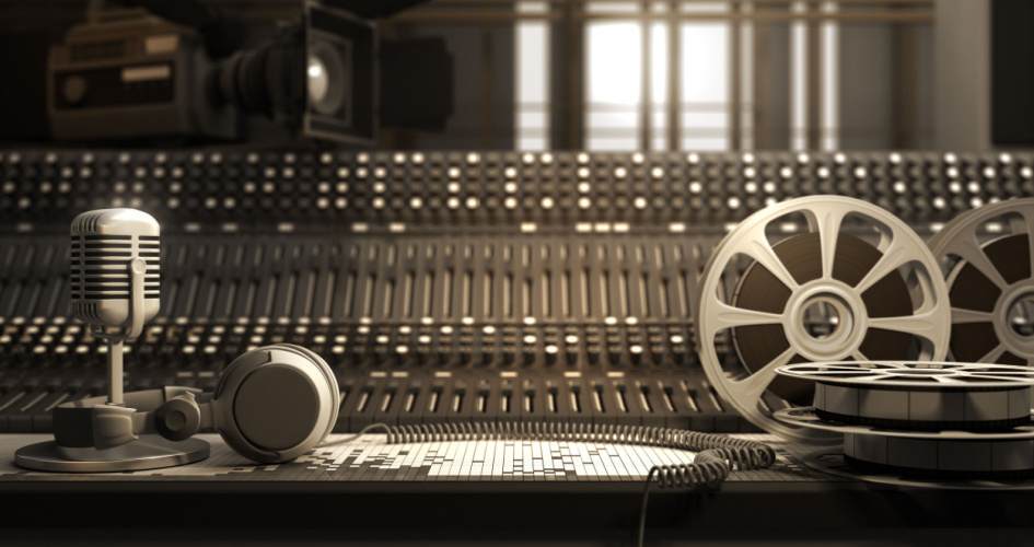A reel containing cassettes and studio equipment. A concept of audio transcription services.  